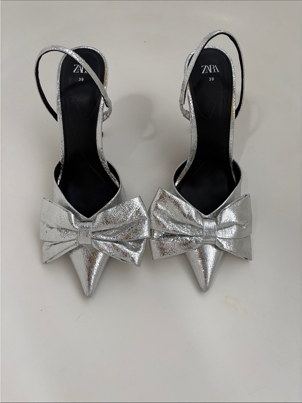 Zara Metallic Silver Pointed-Toe Slingback Heels with Bow
